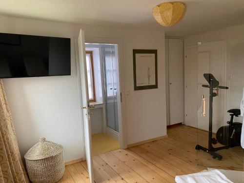 a living room with a flat screen tv on a wall at Temelhof - Landhaus mit Sauna und Kamin in Sittersdorf