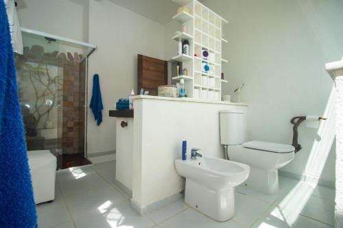 een witte badkamer met een toilet en een wastafel bij Casa Incrível na Praia de Jacumã por Carpediem in Ceará-Mirim