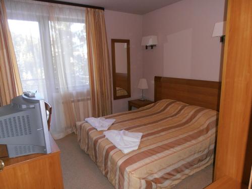 a hotel room with a bed and a television at Royal House Apartments TMF in Pamporovo