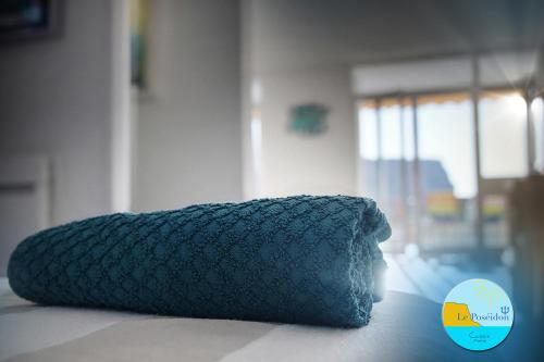 une couverture bleue assise au sol dans une pièce dans l'établissement LE POSEIDON VUE MER, à Cassis