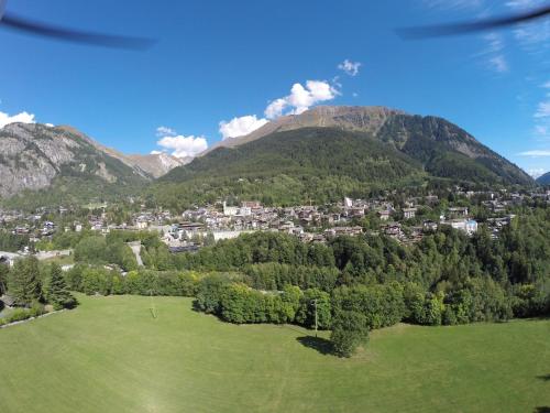 a green field with a town in the mountains at Hotel Stella Del Nord in Courmayeur