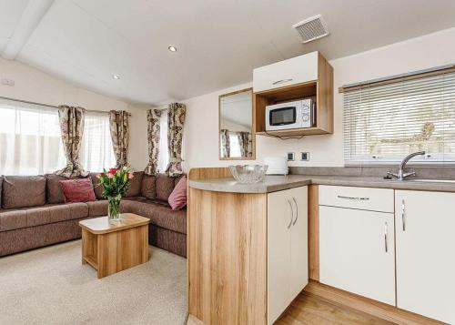cocina y sala de estar con sofá en Seadown Park, en Charmouth