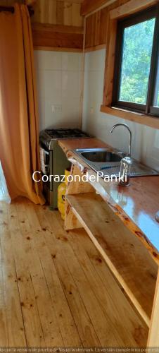a kitchen with a sink and a stove at Corazon de Panki in Curarrehue