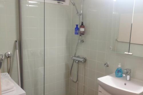 a bathroom with a shower and a sink and a toilet at Kuukkeli Apartments Sodankylä in Sodankylä