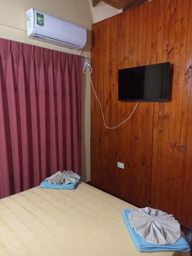 een slaapkamer met een tv en een bed met handdoeken bij Alojamiento céntrico florida in Puerto Iguazú