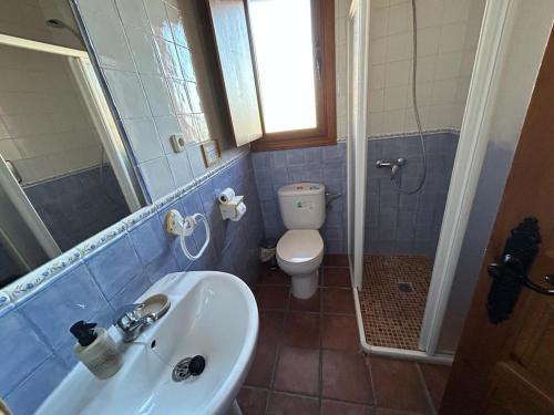 y baño con lavabo, aseo y ducha. en Casa Rural Roja, en Cebreros