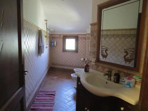 bagno con lavandino e specchio di Casa in campagna a Dorgali