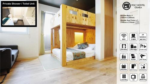 Una foto de un dormitorio con litera en Poly Hostel Osaka, en Osaka