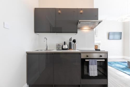uma cozinha com armários pretos e um lavatório em Air Conditioned Apt High St Kensington em Londres