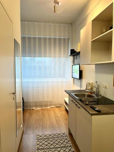 una pequeña cocina con fregadero y ventana en Savi Apartment, en Pärnu