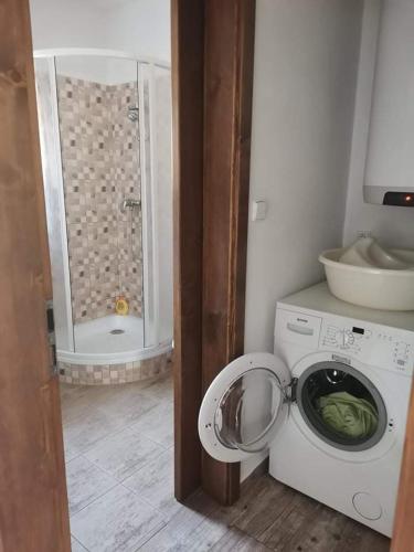 uma casa de banho com uma máquina de lavar roupa e um chuveiro em Chalupa Amirka 