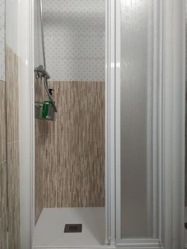 y baño con ducha y puerta de cristal. en HOSTEL RUA 35, en León