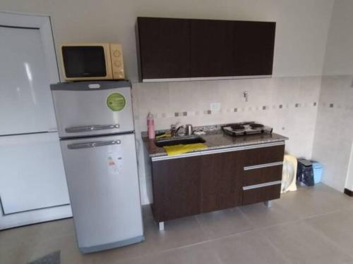 a kitchen with a refrigerator and a microwave at Residencia Merlo in Rafaela