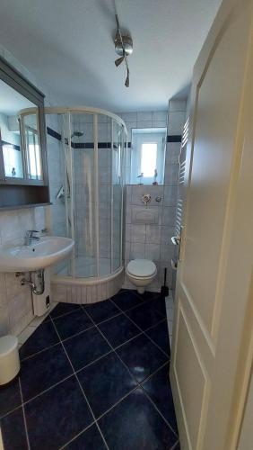 a bathroom with a shower and a sink and a toilet at Ferienwohnung Ostsee-Buhne Baabe in Baabe