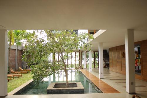 a pool with a tree in the middle of a building at Arachchi Heritage in Anuradhapura