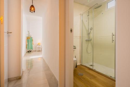 a bathroom with a glass shower and a toilet at Apartamentos Cruz de San Andrés in Seville