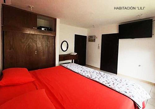 a bedroom with a red bed with a red blanket at Departamentos Ileana in Cozumel