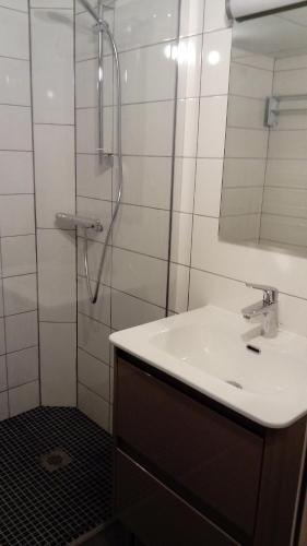 a bathroom with a sink and a shower with a mirror at Le TETRAS in Lamoura