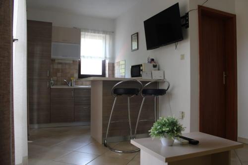 uma cozinha com um balcão e um bar num quarto em Apartman Štefanija em Selce