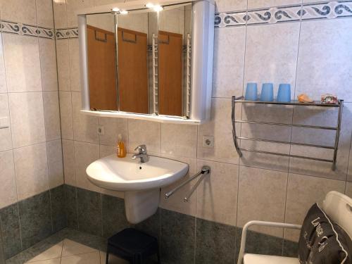 阿豪斯的住宿－Feldjahns-Ferienwohnung，一间带水槽和镜子的浴室