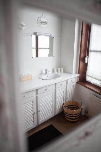 a bathroom with a sink and a mirror and a basket at Bienvenue Chez Nous in Bergues