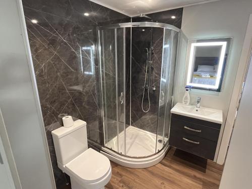 a bathroom with a shower and a toilet and a sink at Pine Boutique Lodge with hot tub for couples & dog in York