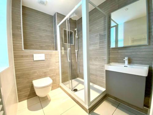 a bathroom with a shower and a toilet and a sink at Stylish Apartment - 1 Minute walk to Poole Quay - Great Location - Free Parking - Fast WiFi - Smart TV - Newly decorated - sleeps up to 2! Close to Poole & Bournemouth & Sandbanks in Poole
