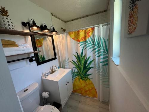 a bathroom with a pineapple shower curtain and a sink at Retro motel walk to beach, Wi-Fi in Daytona Beach