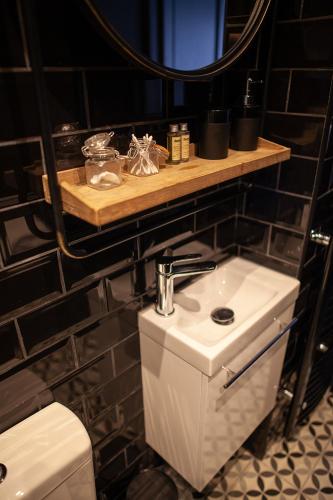a bathroom with a toilet and a sink and a mirror at Bienvenue Chez Nous in Bergues