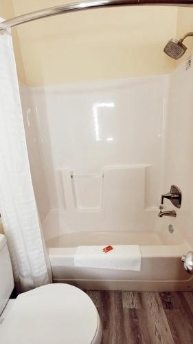 a bathroom with a toilet and a bath tub at Econo Lodge in Fargo