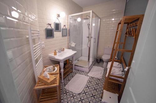 a bathroom with a sink and a shower and a toilet at Bienvenue Chez Nous in Bergues