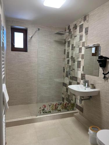 a bathroom with a shower and a sink at Vila Liberta in Poprad