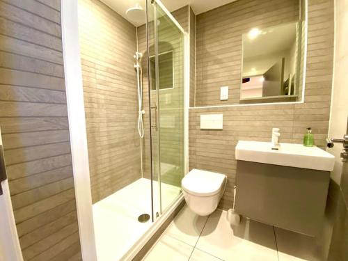 a bathroom with a shower and a toilet and a sink at Luxurious Studio Apartment - 1 Minute walk to Poole Quay - Great Location - Free Parking - Fast WiFi - Smart TV - Newly decorated - sleeps up to 2! Close to Poole & Bournemouth & Sandbanks in Poole