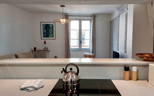 - une cuisine avec un comptoir pourvu d'une bouilloire dans l'établissement Appartement La Croix au Maître (hyper centre Auxerre), à Auxerre