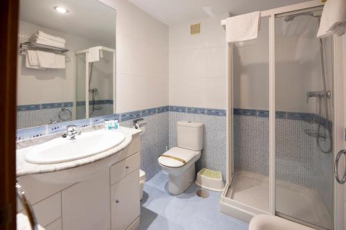 ein Bad mit einem WC, einem Waschbecken und einer Dusche in der Unterkunft Apartamentos Cean Bermudez in Gijón