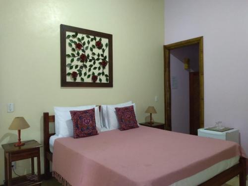 a bedroom with a bed with pink sheets and a picture on the wall at Pousada da Terra Paraty in Paraty