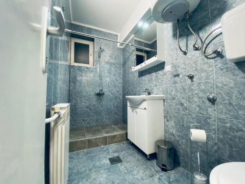 a bathroom with a shower and a toilet and a sink at A Apartment Visegrad in Višegrad