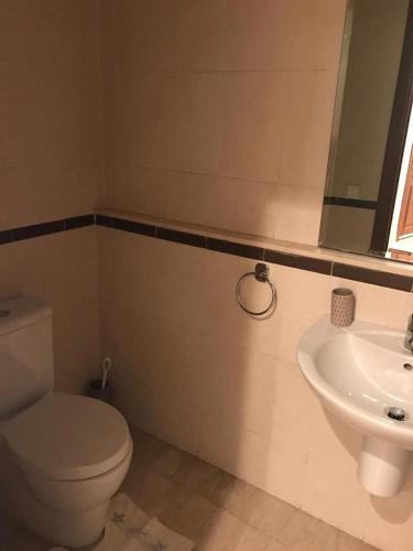 La salle de bains est pourvue de toilettes et d'un lavabo. dans l'établissement Triangle d’or, cosy appartement, à Casablanca