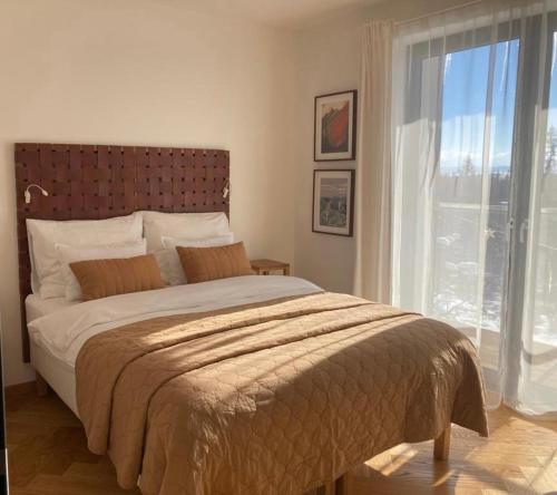 - une chambre avec un grand lit et une grande fenêtre dans l'établissement BOTKa apartmán, à Tatranska Strba