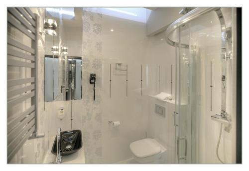 biała łazienka z toaletą i prysznicem w obiekcie Villa Park w Siedlcach