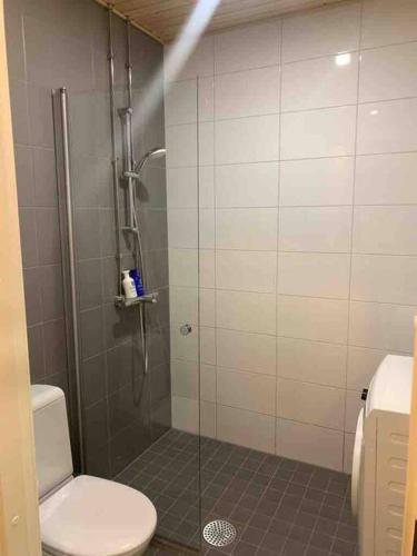 een badkamer met een douche en een toilet bij Modern apartment nearby Airport 2 in Vantaa