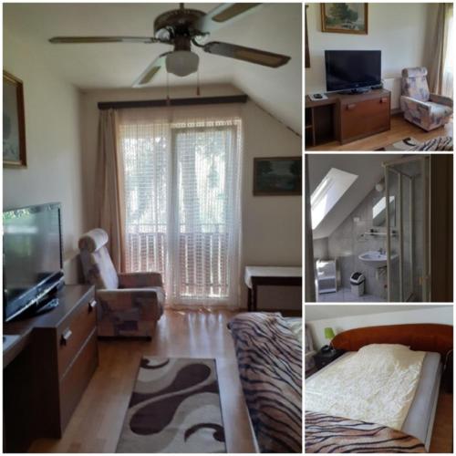 three pictures of a living room with a ceiling fan at Hegyesi Vendégház in Gödöllő