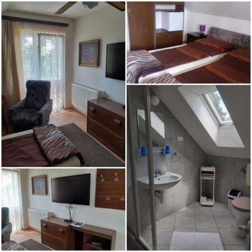 un collage de tres fotos de un dormitorio en Hegyesi Vendégház, en Gödöllő