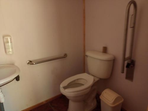 y baño con aseo blanco y lavamanos. en Refugio y Tinaja Curiñanco en Valdivia