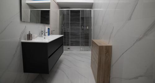 een badkamer met een wastafel, een spiegel en een douche bij B&B La Colonna in Crotone