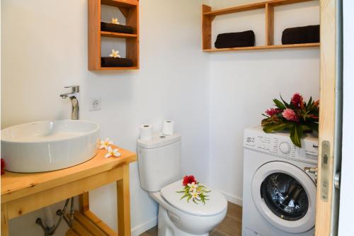 W łazience znajduje się umywalka, toaleta i pralka. w obiekcie Vaiahi Tiny Home N1377 DTO-MT w mieście Bora Bora