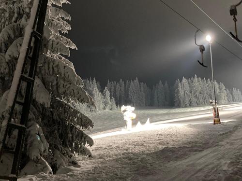 a snow covered slope at night with a fire hydrant at FEWO Jäger in Willingen
