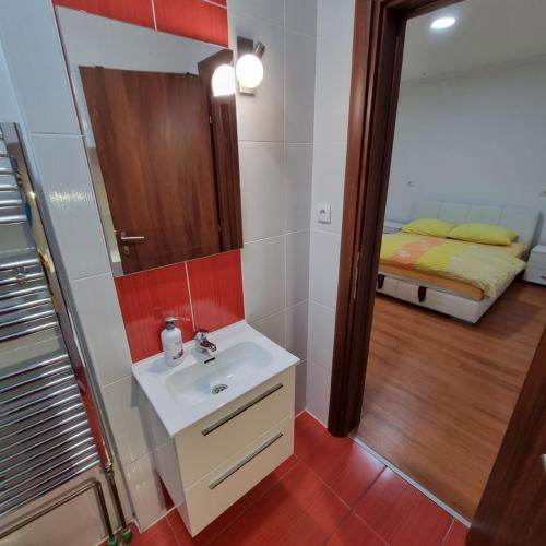 łazienka z umywalką, lustrem i łóżkiem w obiekcie Apartmani i sobe Milojević w mieście Trebinje