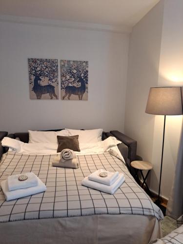 ein Schlafzimmer mit einem Bett mit zwei Handtüchern darauf in der Unterkunft Falling Star Apartman Brzece in Brzeće