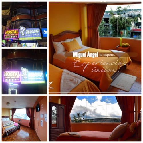 a collage of four pictures of a hotel room at Hostal Miguel Ángel in Quito